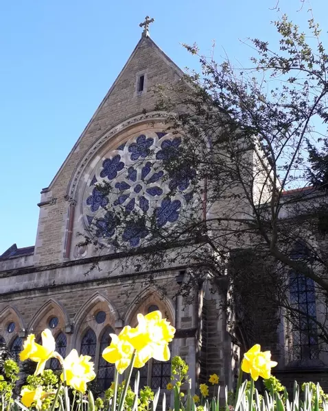 Church with daffodils